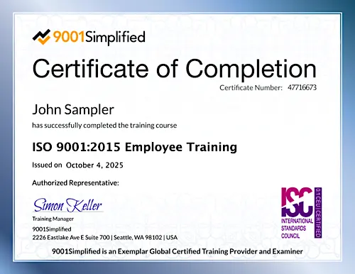 Certificate: ISO 9001:2015 Employee Training