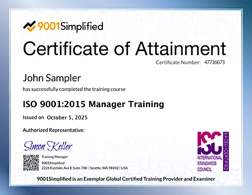 Certificate: ISO 9001:2015 Manager Training