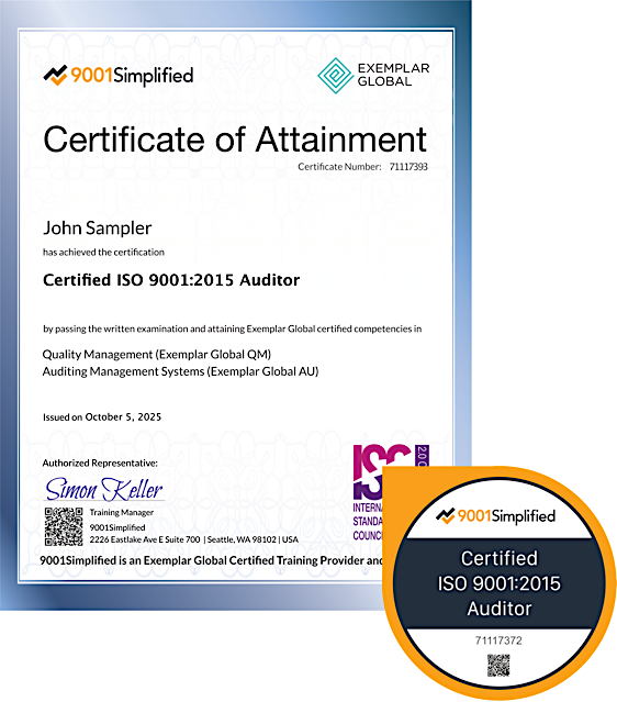 Certificate and Badge: ISO 9001:2015 Auditor Certification Training