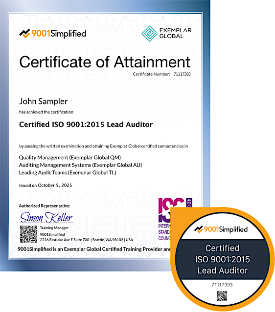 Certificate and Badge: ISO 9001:2015 Lead Auditor Certification Training