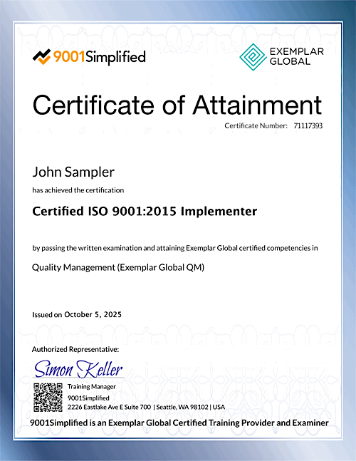 Certificate: ISO 9001:2015 Implementer Exam