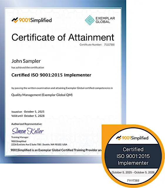 Certificate and Badge: ISO 9001:2015 Implementer Exam
