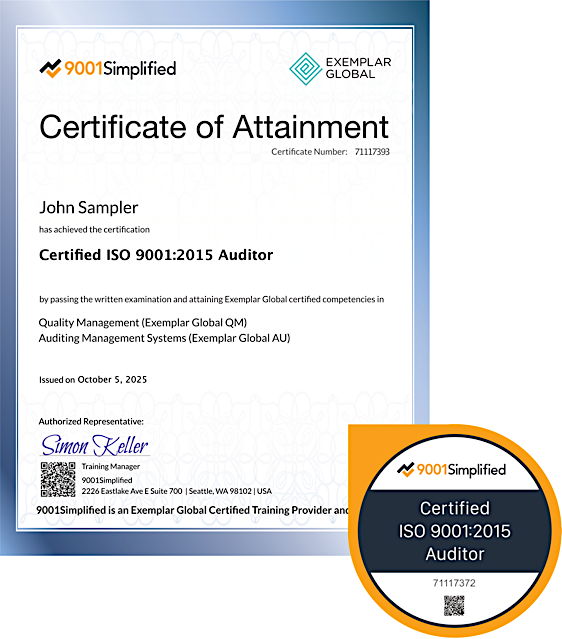 Certificate and Badge: ISO 9001:2015 Auditor Exam