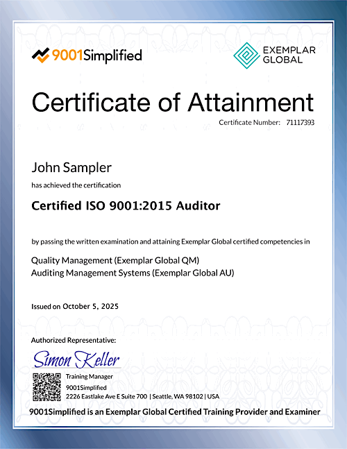Certificate: ISO 9001:2015 Auditor Exam