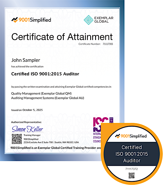 Certificate and Badge: Custom ISO 9001 Internal Auditor Training