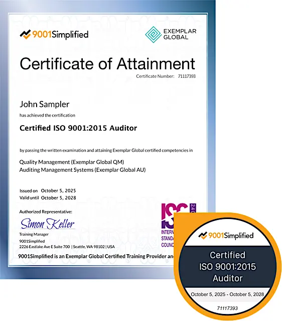 Certificate and Badge: Custom ISO 9001 Internal Auditor Training