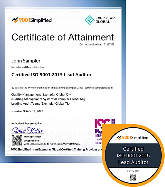 Certificate and Badge: Custom ISO 9001 Lead Auditor Training