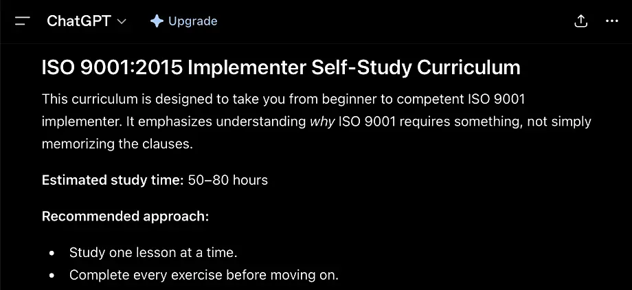 AI-generated ISO 9001 implementer training curriculum showing lesson structure and learning objectives